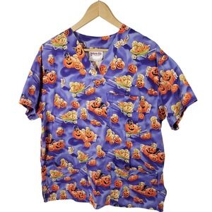 Uniform City Scrub Top Women's M Purple Halloween‎ Dog Pumpkin Print Cute Shirt